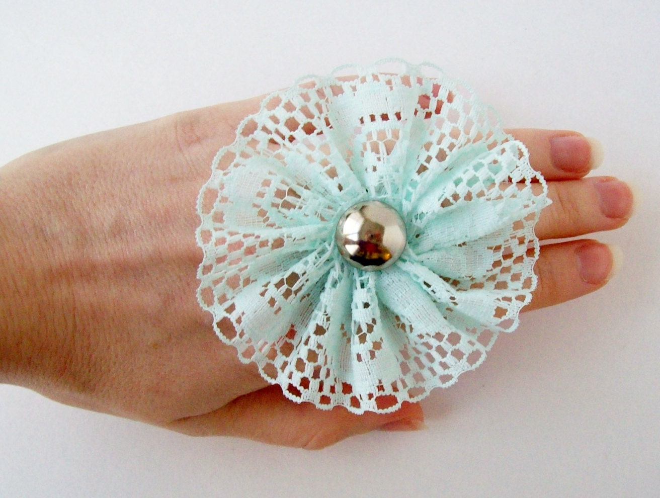 Minty Fresh Lace Adjustable Ring With Vintage Metal Button