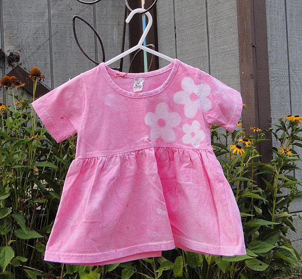 Toddler Girls Dress: Pink with Batik Flowers, Short Sleeves (18 months) READY TO SHIP
