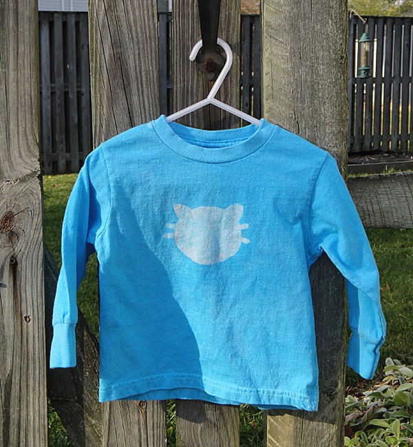Toddler T-Shirt: Turquoise Blue with Batik Cat, Long Sleeves (3T) READY TO SHIP