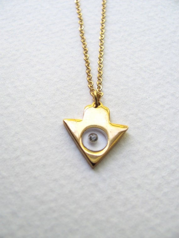 Gold arrow pendant necklace, geometric triangle, 14k gold plate chain, window and rhinestone