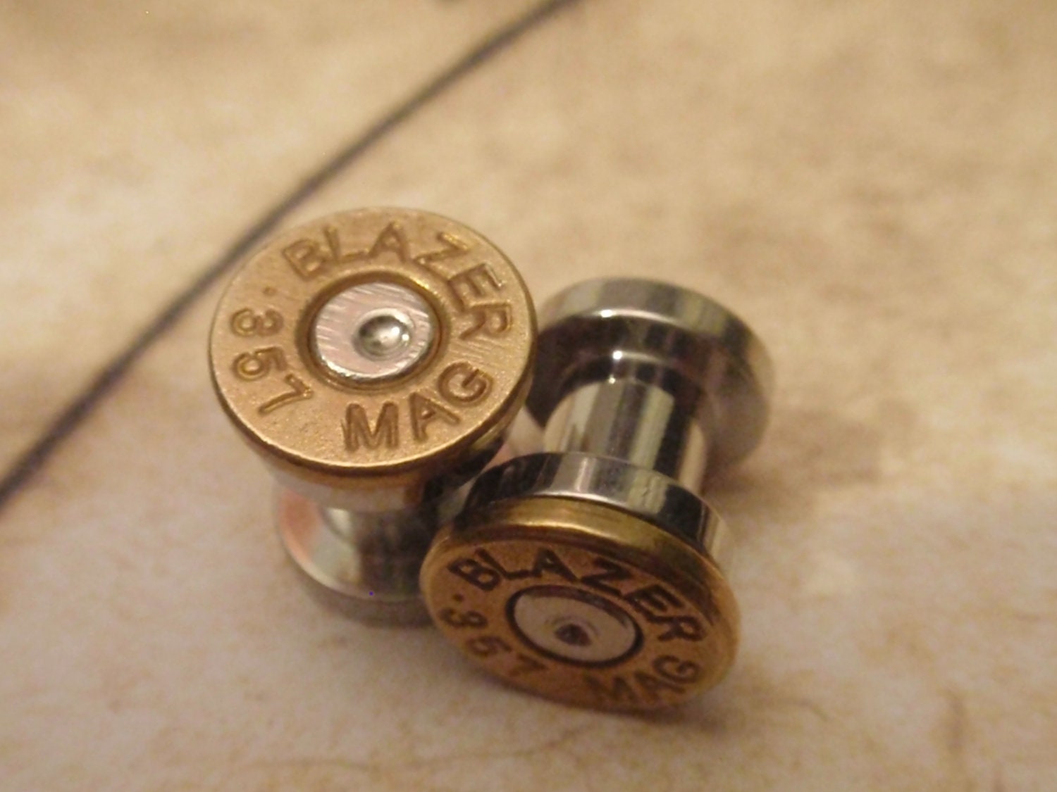 Bullet ear plugs 357 Magnum Bullet Plug Earrings Bullet Shell u pick your gauge ... Two Tone Gold & Silver