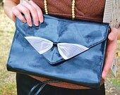 Retro 1980's Shiny Black Vinyl Clutch Purse with Sexy White Striped Bow Tie - Vintage Ebony Onyx Sleek Jet Punk Prom Glam Hollywood Handbag