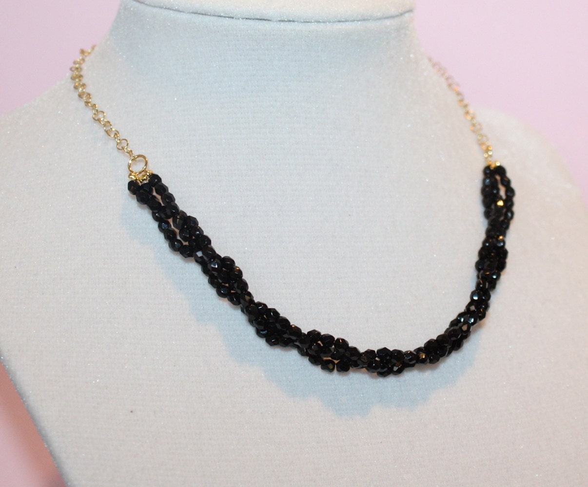 Braided Jet Black Faceted Glass Bead Necklace