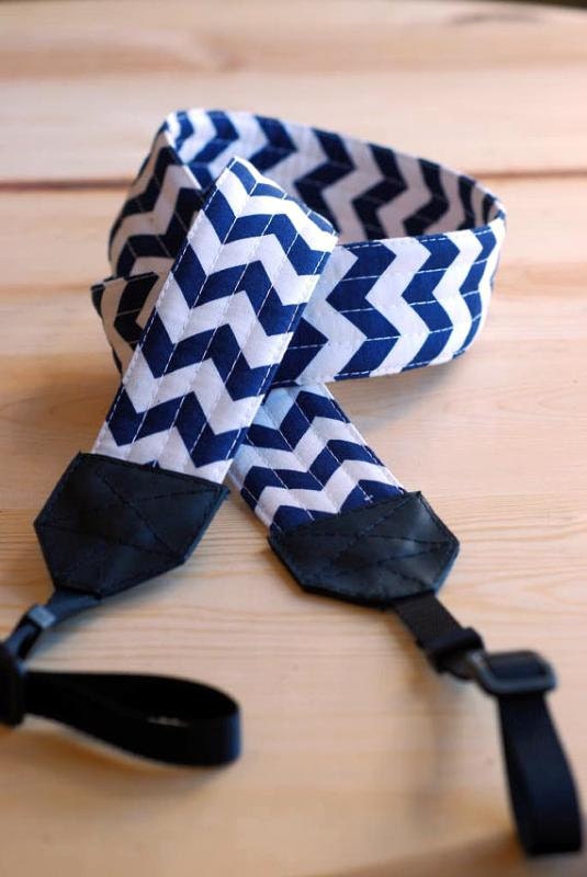 Navy Chevron SLR Camera Strap with Leather Ends - Free Shipping