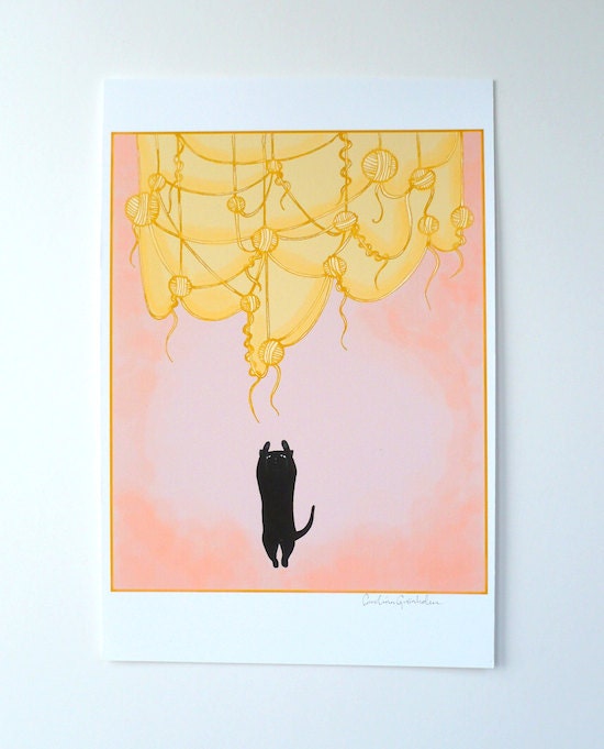 Jumping Black Cat / A5 Pink Print Drawing