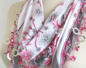Traditional YEMENI Grey-Pink-Turkish Oya Scarf ..authentic, romantic, elegant, fashion