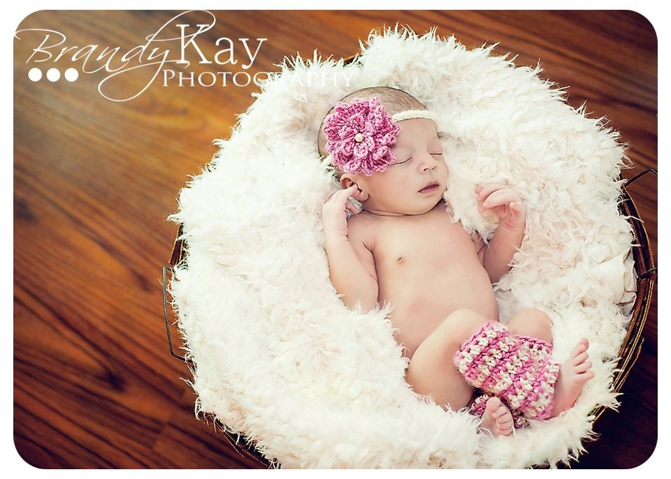 Crochet Newborn Baby Zinnia Headband Legwarmer Set, Custom Made, Handmade Girl Photo Photography Prop Shower Gift Pearl Flower Valentine