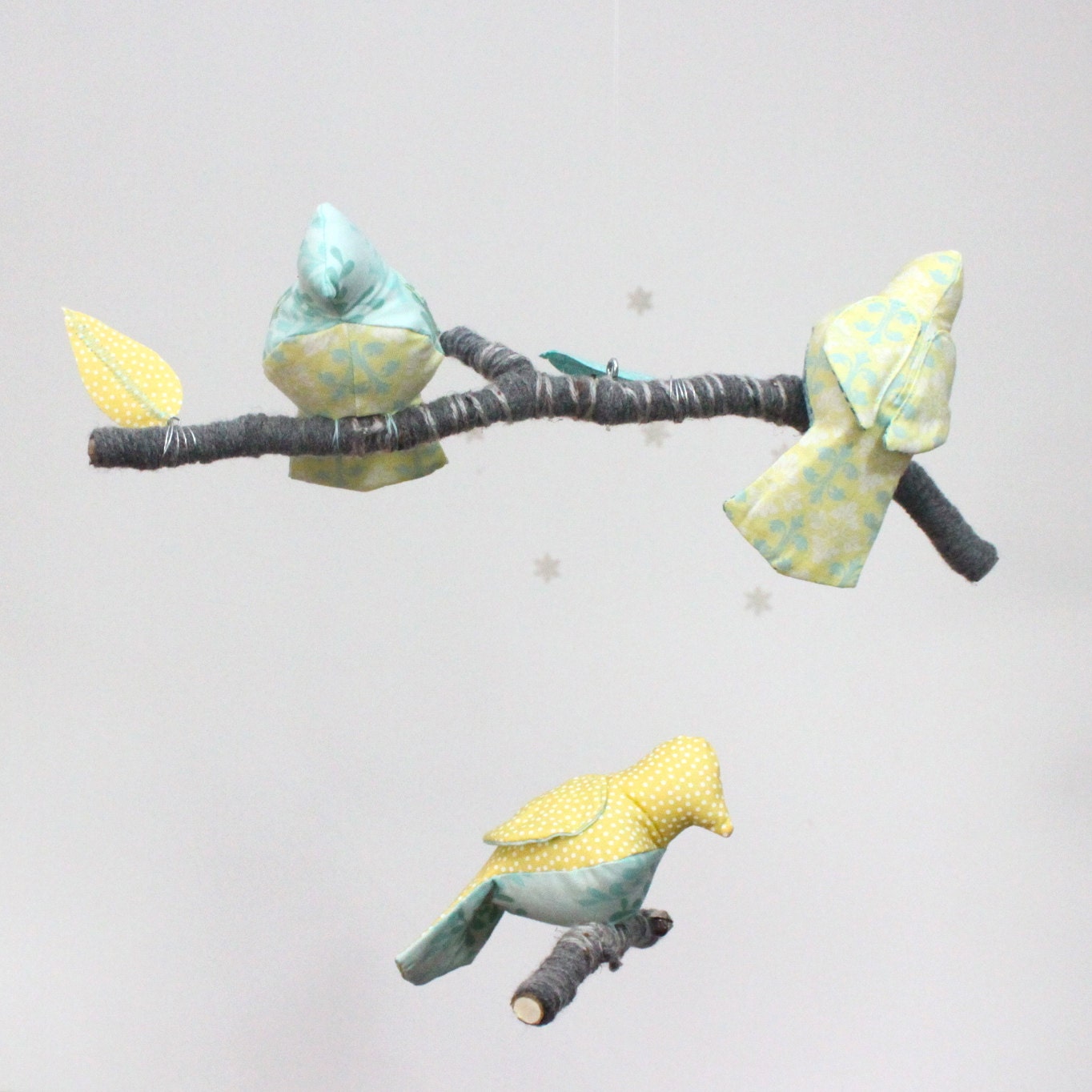 Baby Bird Mobile for Gender Neutral Nursery Decoration -  sculpture on yarn wrapped branches in lemon yellow, aqua blue, teal, and gray