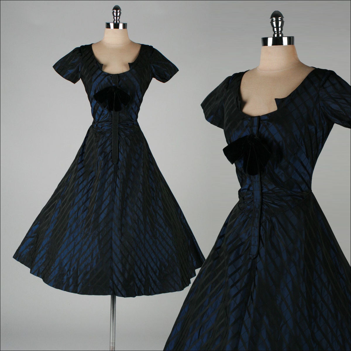 vintage 1950s dress . black blue taffeta check . 3211