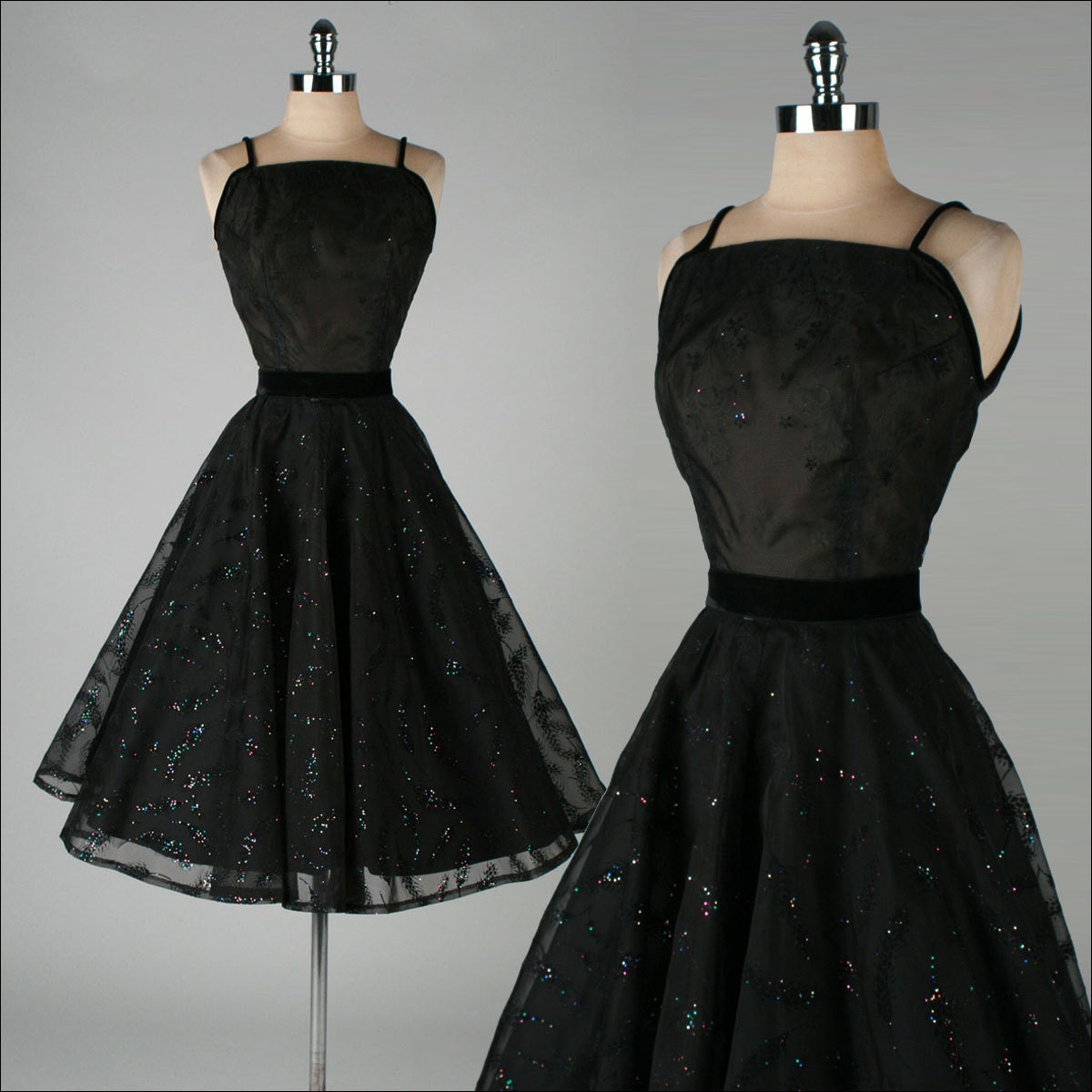 vintage 1950s dress . black glitter flock . 2-pc set . 2554