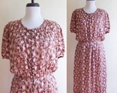 Vintage 1940s Dress / Button Up SILK PATTERNED Faux Wrap Dress / Size Small or Medium