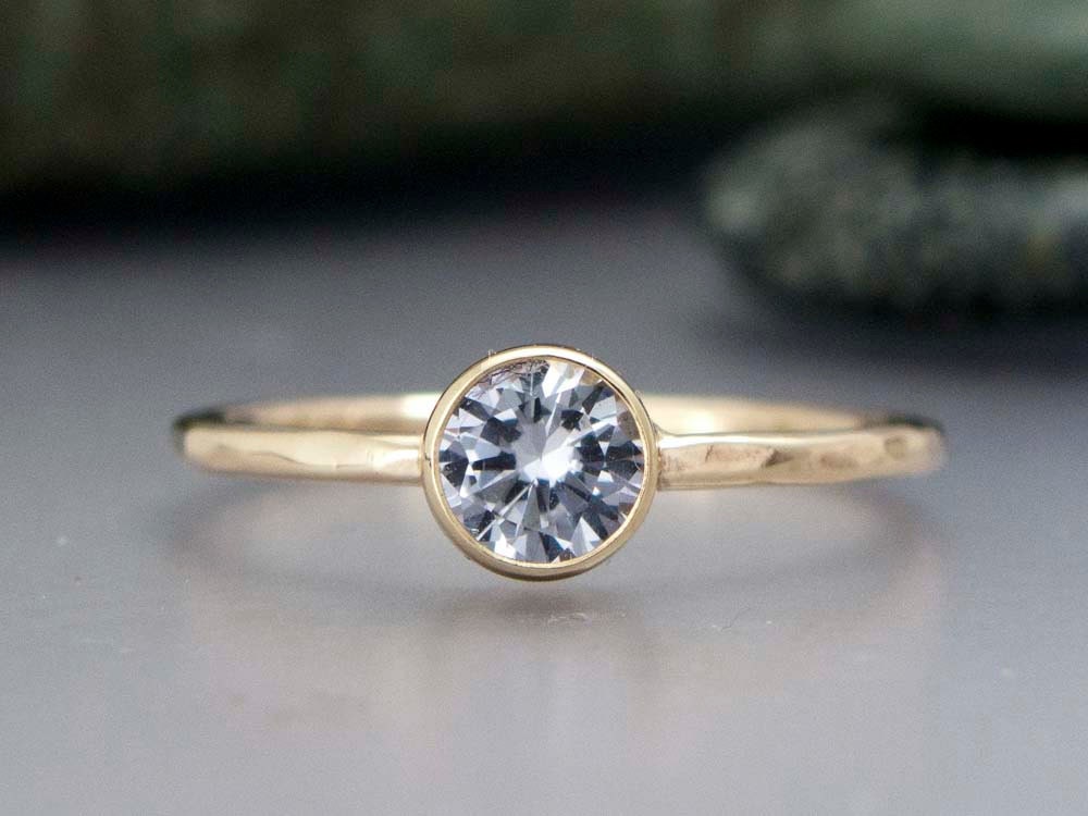 14k Gold and White Sapphire Engagement Ring - 5mm Stone in yellow or white gold