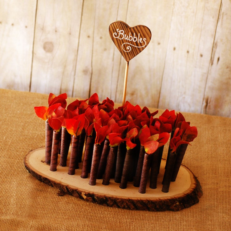Twig Style Wedding Bubble Favors- Set of 25 with Base and Heart Sign Fall Leaves