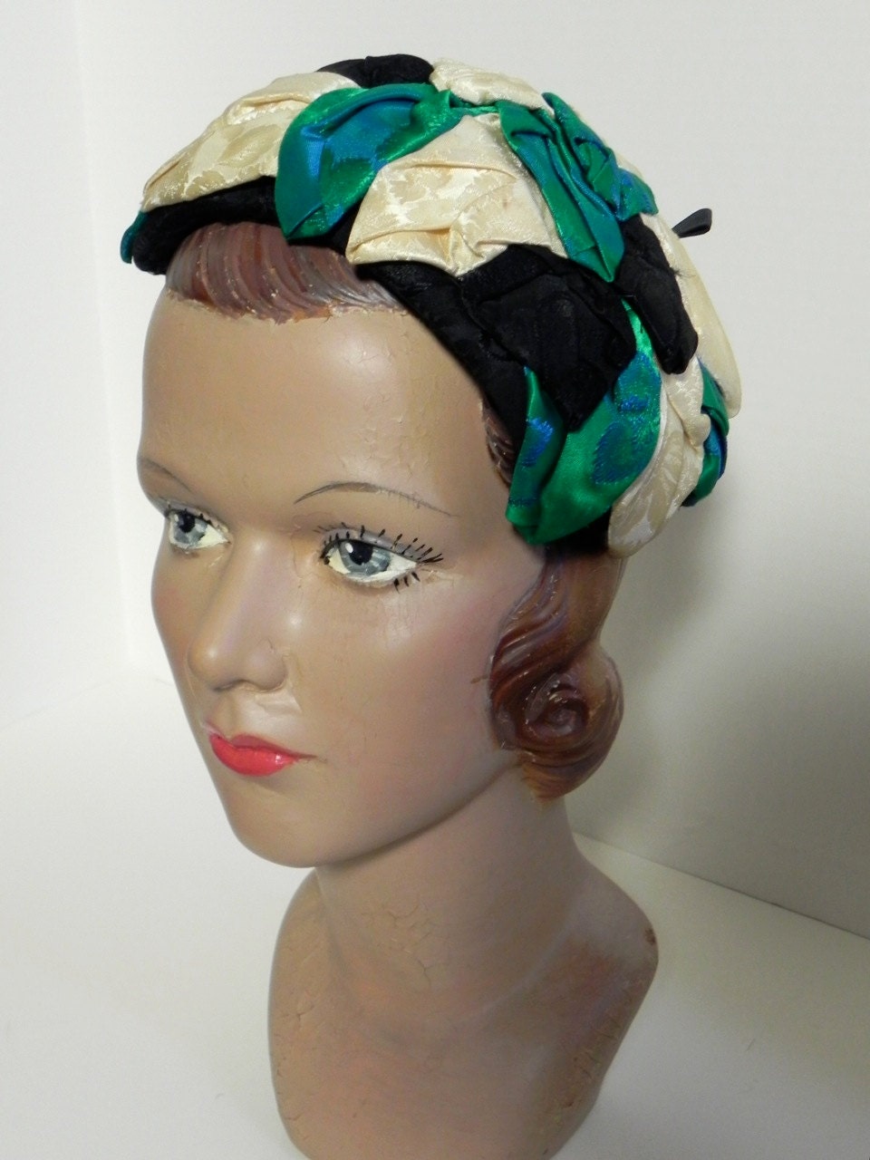 Darling vintage 1950s Black White And Teal Ladies Leaf Hat Fascinator -on sale-