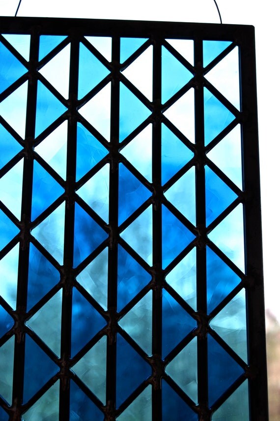 Geometric Triangle Stained Glass Window Panel in Blue by fluxglass