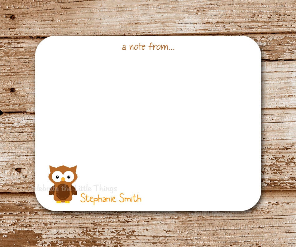 SET of 12 Brown OWL Flat Note Cards : Personalized Stationery, Thank You Notecards Il_570xn