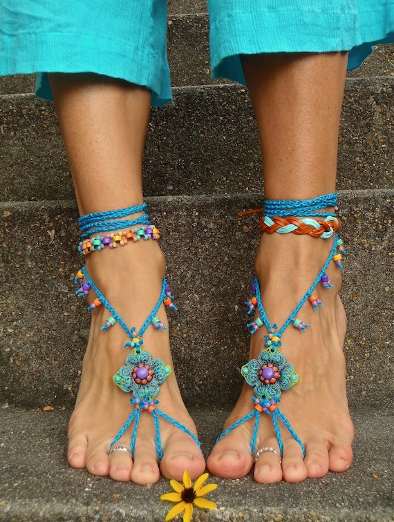Blue HIPPIE BAREFOOT SANDALS crochet sandals beaded sandals foot ...