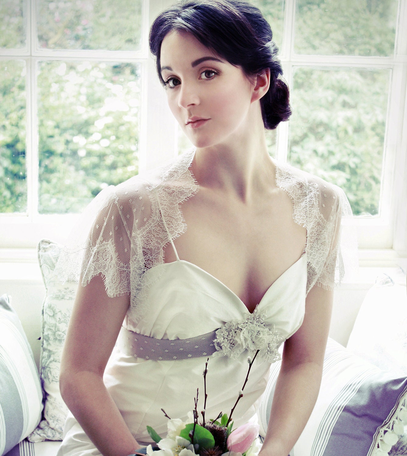 Lace spotted tulle bridal shrug bolero