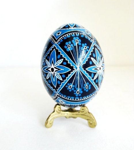 black and Blue Pysanka, Ukrainian Easter Egg batik decorated egg