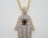 0.38 Carat 14K Yellow Gold Hamsa Hand Of GOD Diamond Pendant Necklace Hand Made  Pave Set