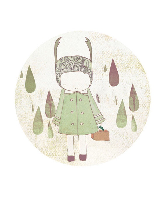 Kid Room Art Child Decor  - Deer Girl and Raindrops Illustration - honeycup