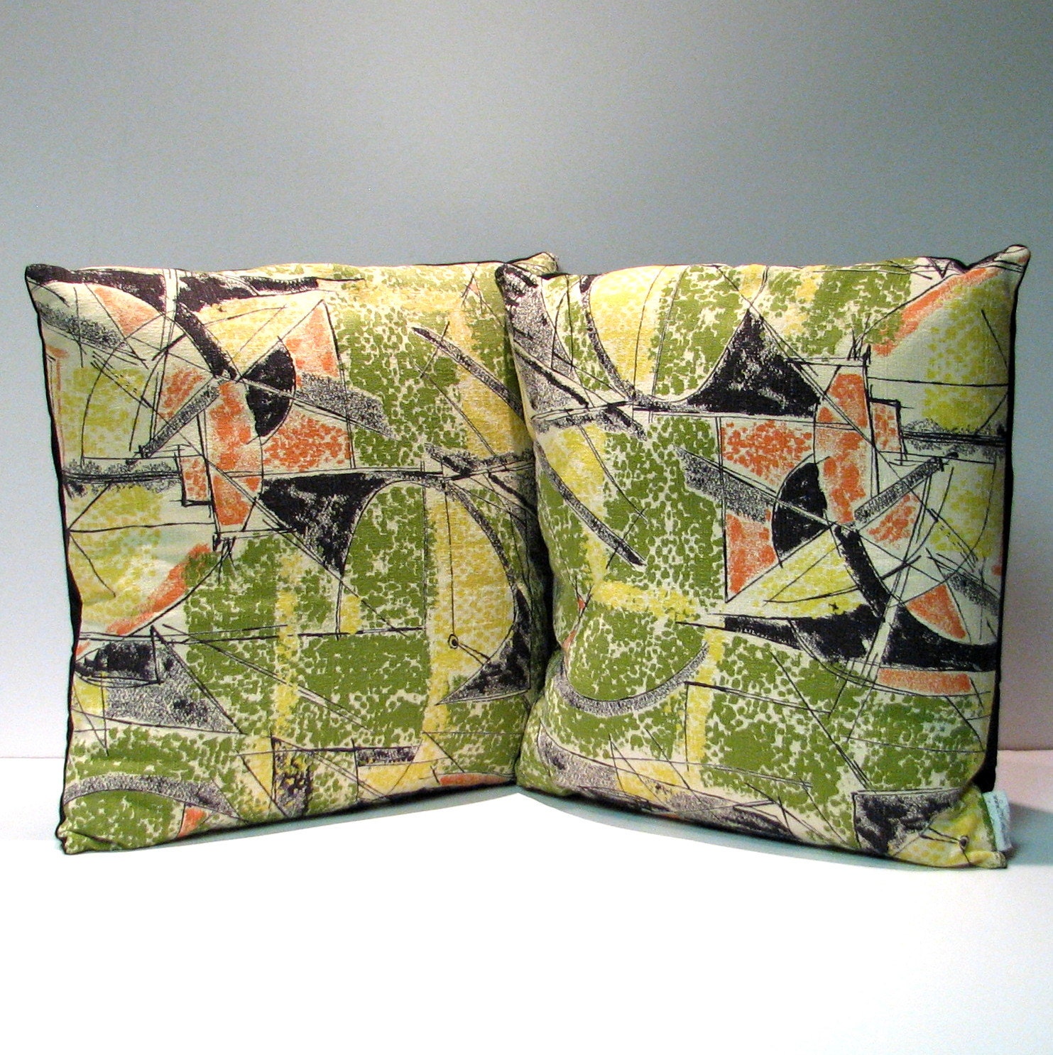Pair of Vintage Mid Century Atomic Barkcloth Pillow - Funky Green Design