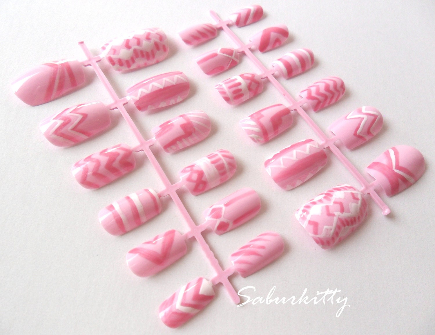 Kawaii Tribal Nail Art Pastel Design Aztec art nails stripes pink white acrylic nails hand painted w/Glue