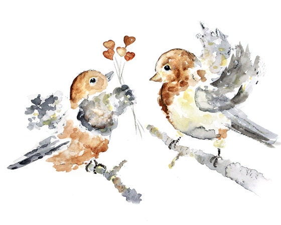 Bird Watercolor Painting, Nursery Art, Bird Art Print, Animal Painting, Nursery Decor, Bird Painting - Sweet Puffs, Love at First Sight