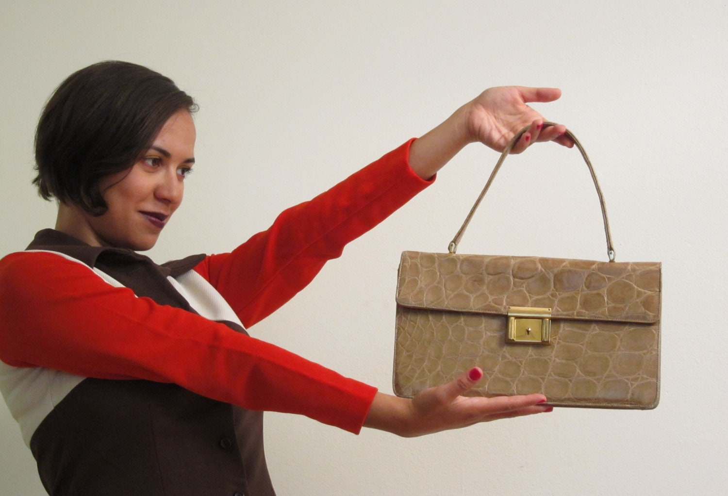 Vintage 1960s Clutch Handbag in Beige Faux Crocodile, Alexander's Made In France
