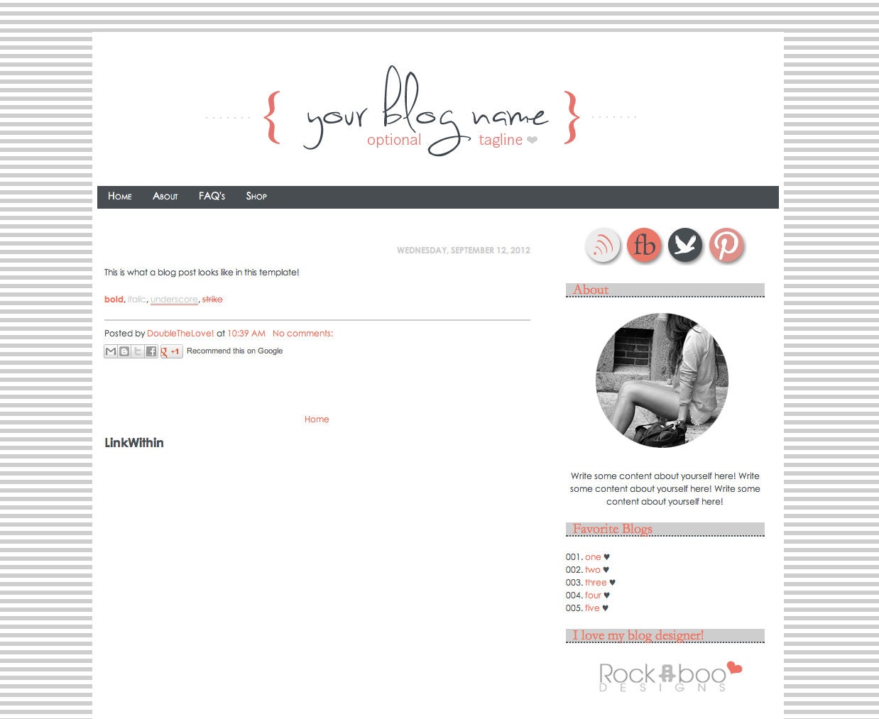 Simply Simple  in Coral&Gunmetal Grey   ///   Pre-Made Blogger Template 2 background options
