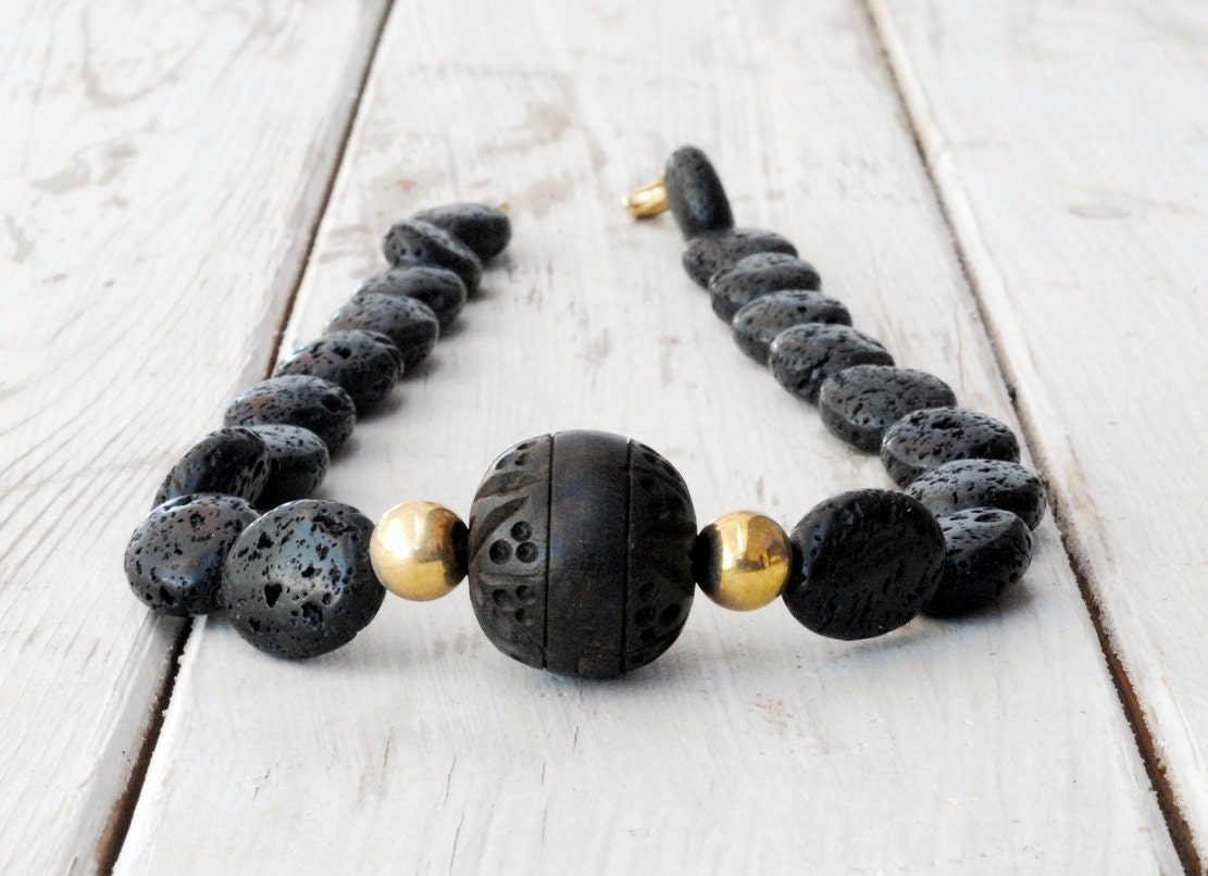 Black Lava Rock Necklace, Santorini Jewelry, Carved Wood Centre Bead, Gold and Black Jewelry, One-of-a-kind Necklace, Statement Jewelry
