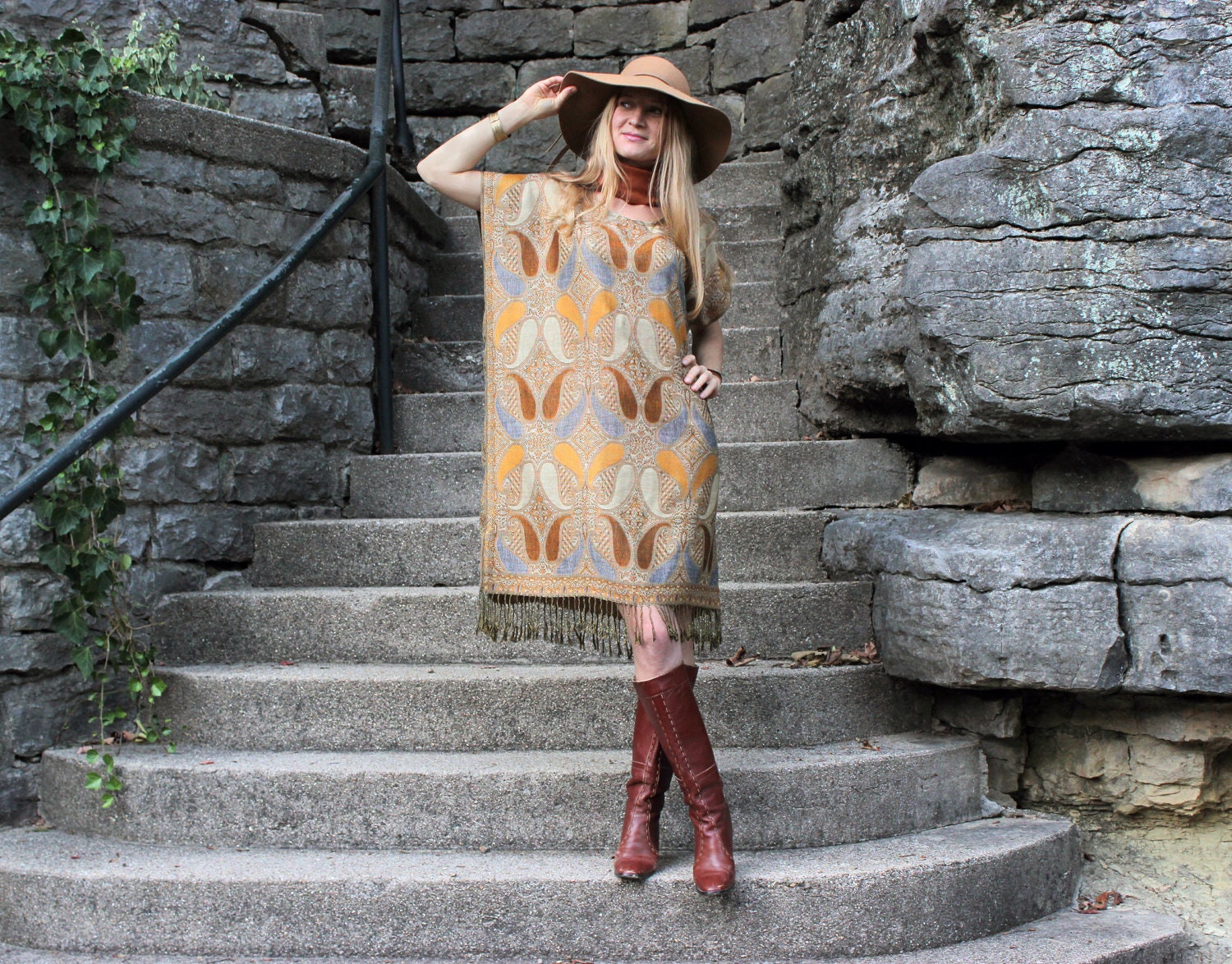 Kaftan Caftan Dress with Fringe in Golden Silk & Cashmere Boho Chic One Size Fits All