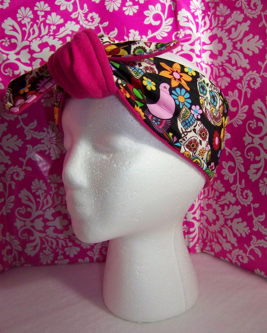 Sugar Skull - Day of the Dead - Headband - Hot Pink - Tie back - 4 inches Wide - Rosie the Riveter