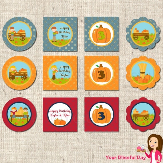 PRINTABLE Personalized Pumpkin Patch Party Circles (Boy. Girl, or Twin/Neutral) Il_570xn