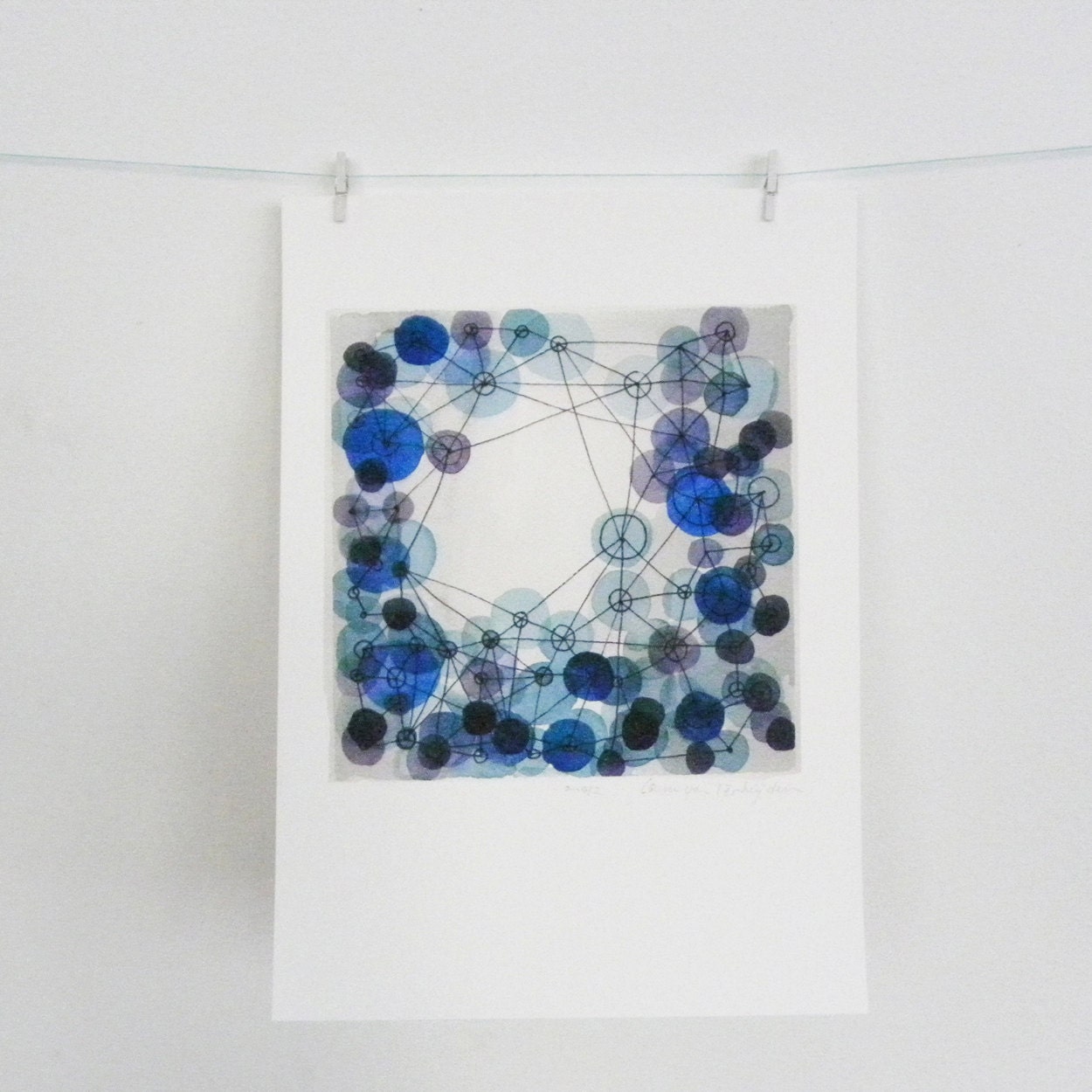 Outer space wall art print reproduction from watercolor painting constellation blue circles geometrical lines dark light