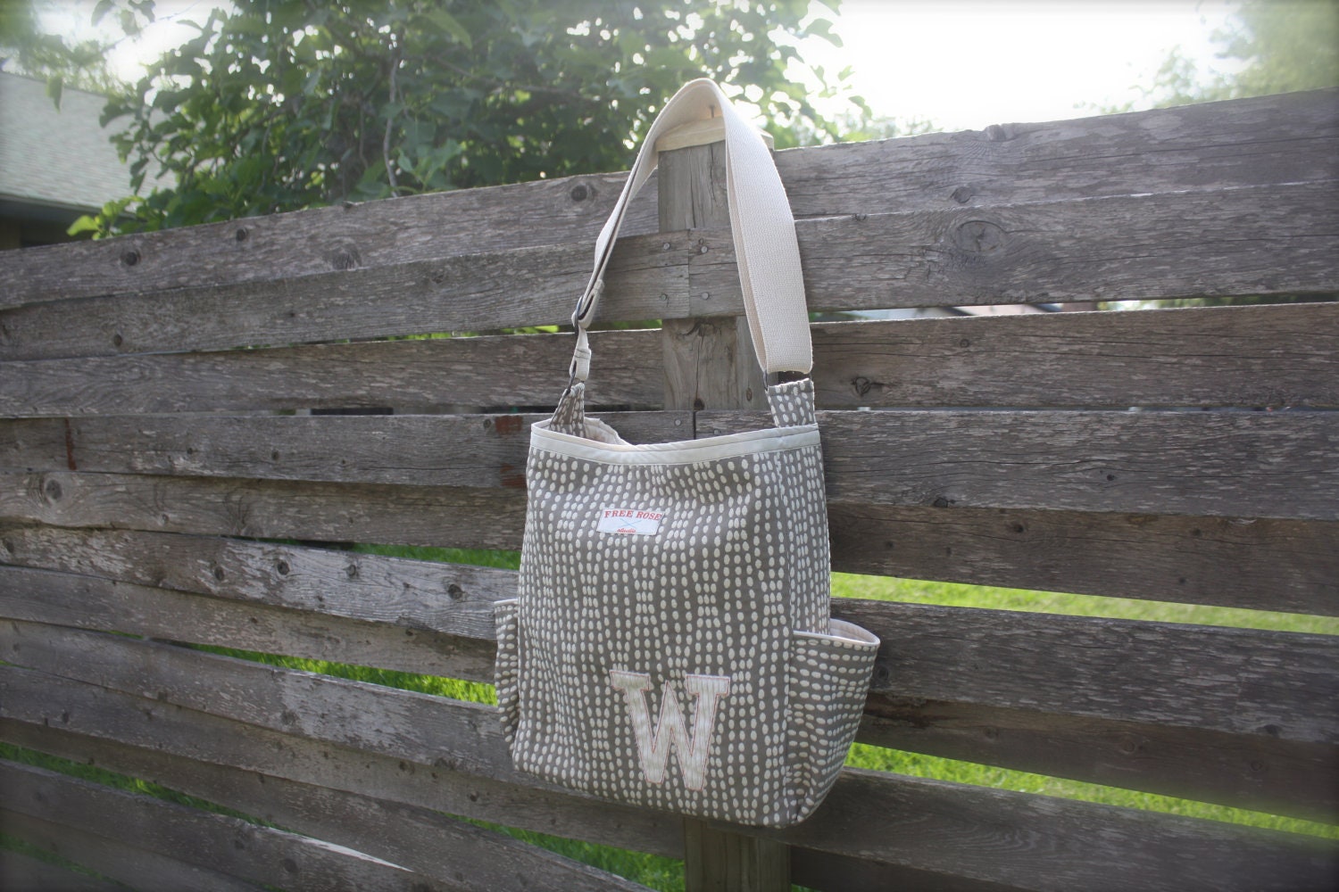 Grey Strand Monogrammed "Essentials" multi-pocket messenger bag white cream