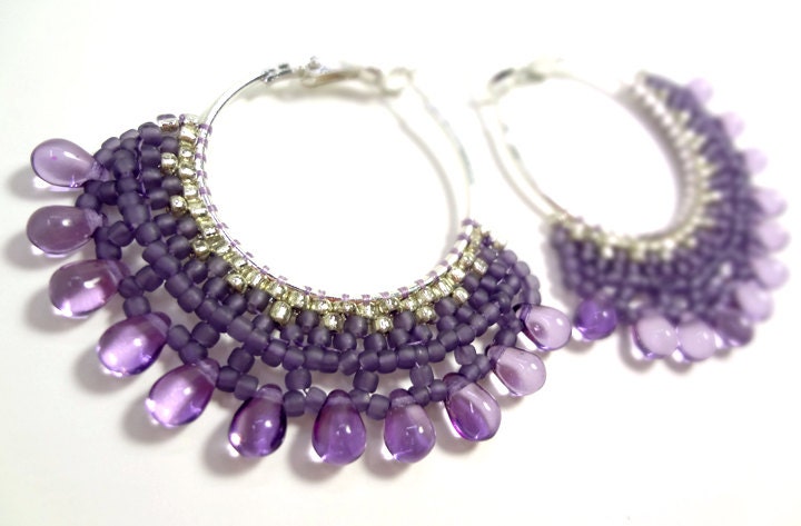 Purple Earrings - Dangling Chandelier Hoops - MegansBeadedDesigns