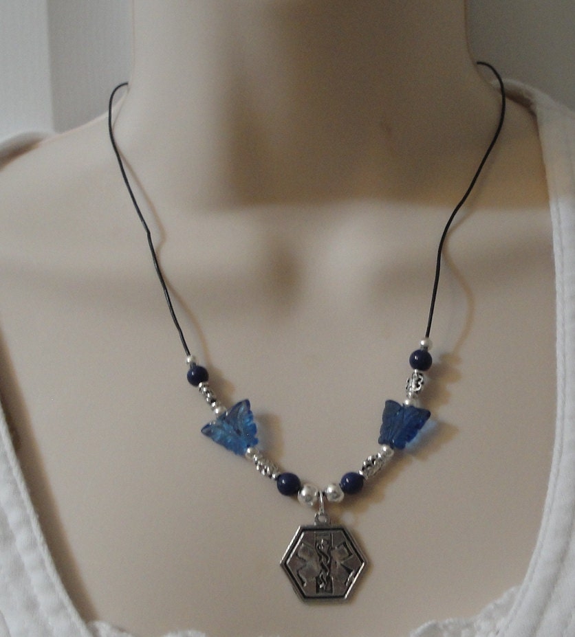 Medical Alert Jewelry / Necklace - Diabetic, Multiple Sclerosis, Seizures, Allergies, Asthma, Peanut, Penicillin, Heart - Lapis