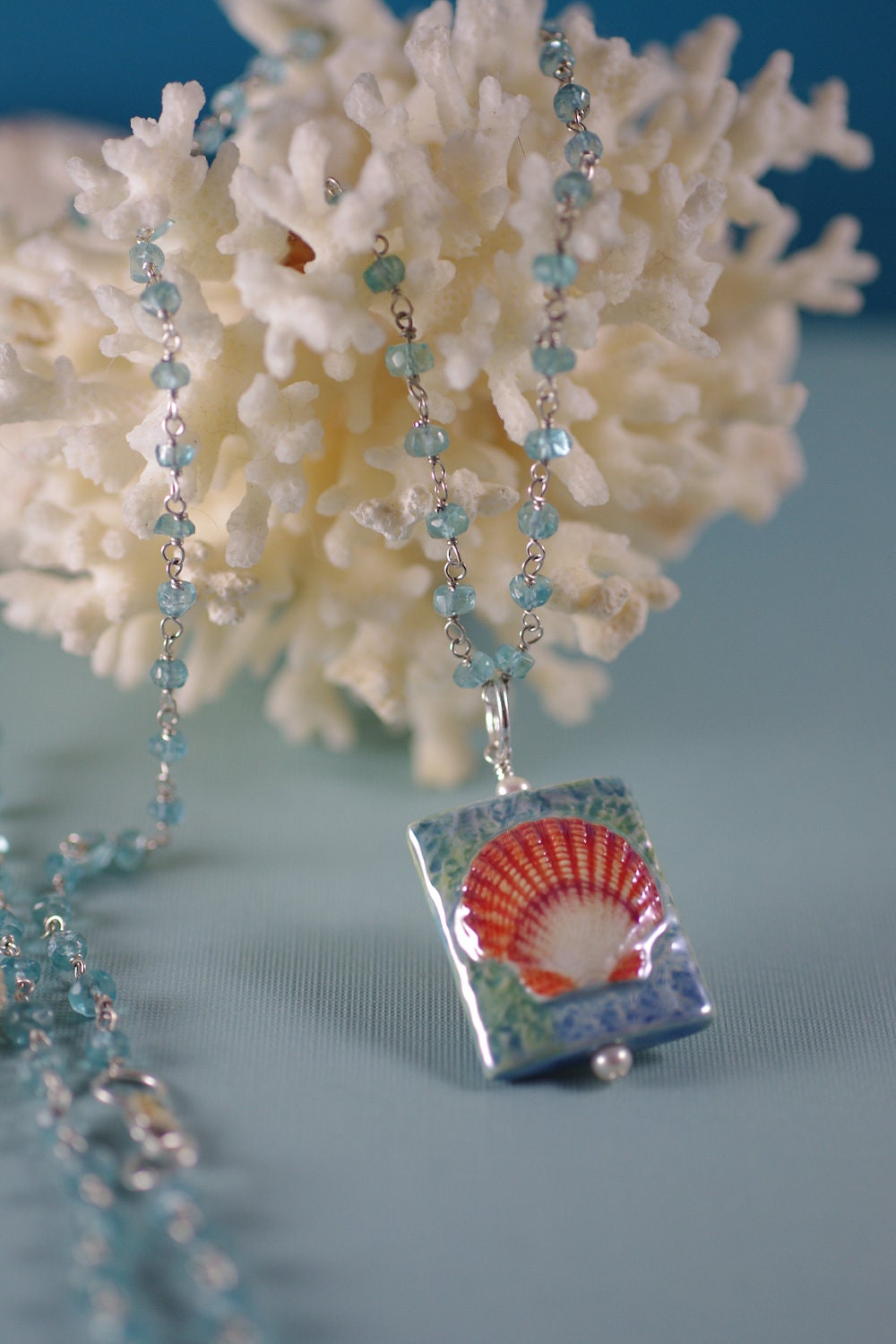 Beach Jewelry Porcelain Scallop Shell Pendant and Apatite Necklace