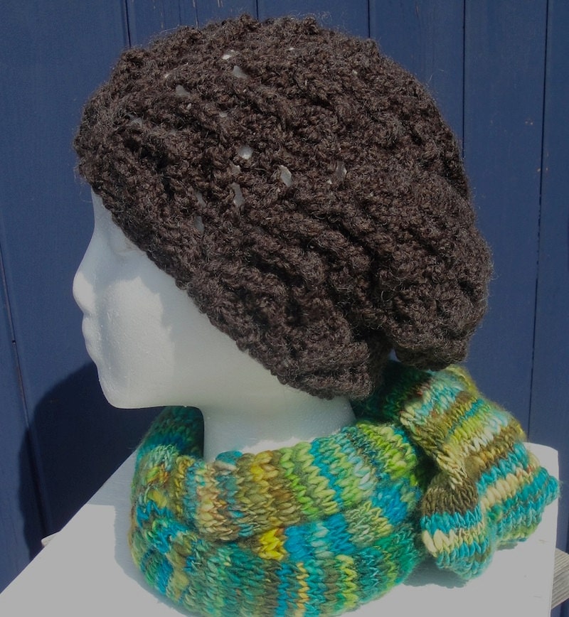 Earthy Brown Slouchy Hat. Open Stitch, Loose Fitting, Slouchy Snood Style. Free Shipping.