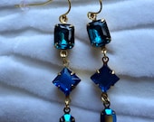 Three stone brass rhinestone earrings - Blues