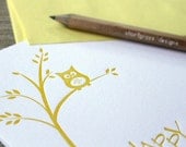 letterpress greeting card - yellow owl with happy birthday