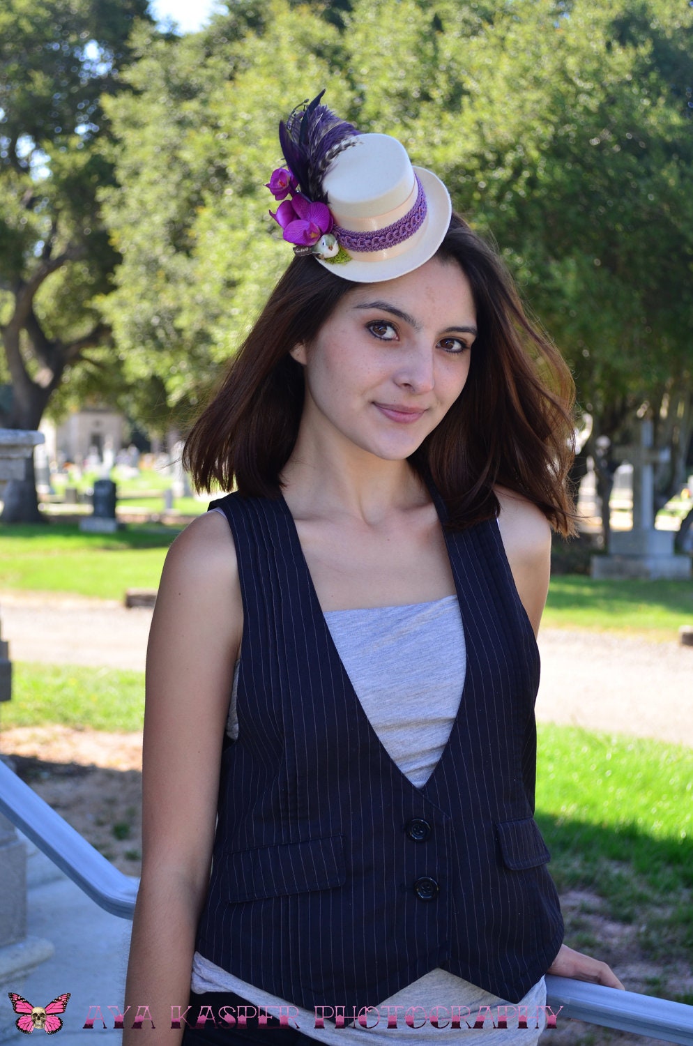 Tropical Plum Orchids - Mini top Hat Bride Steampunk Garden Wedding Cream - Embroidered Satin Ostrich Feathers Bird Fascinator