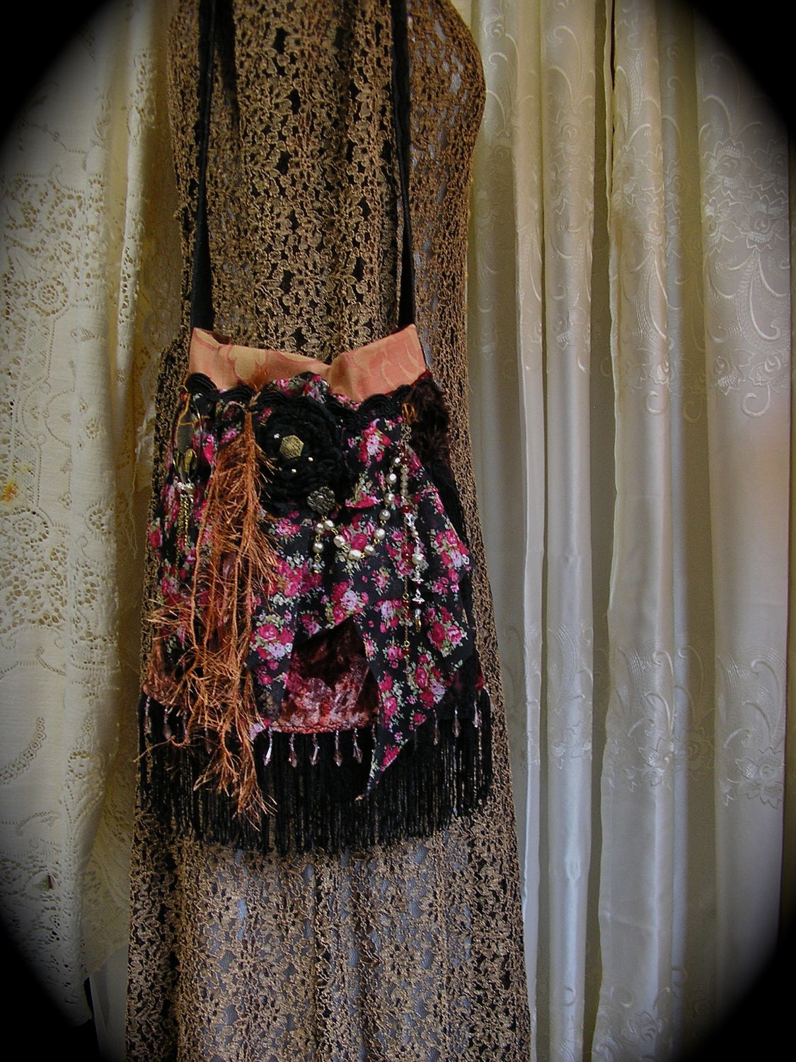 Fringe Gypsy Purse, handmade velvet fabric bag, embellished charms buttons pearl beads floral chiffon