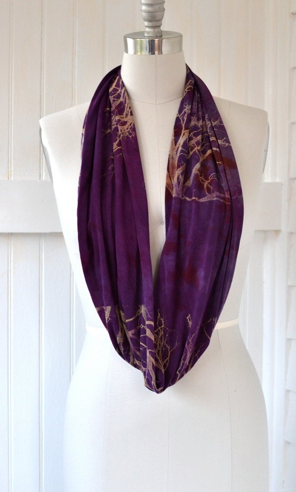 jersey circle scarf  magenta with pale trees hand dyed and printed