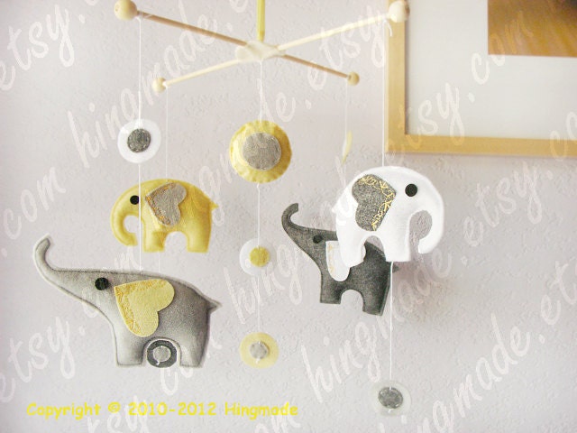 Baby Mobile - Baby Crib Mobile - Elephant Mobile - Polka Dot Grey Powder Yellow White Elephants theme(Custom colors available)