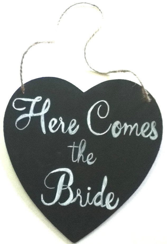 Double-sided Chalkboard Heart w/ Here Comes the Bride & Just Married Wedding Sign in Script  Font Ring Bearer Flower Girl or car sign