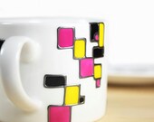 Hand Painted White Ceramic Coffee Cup with Saucer Abstract Geometric  Modern Minimal Retro Design pink black yellow