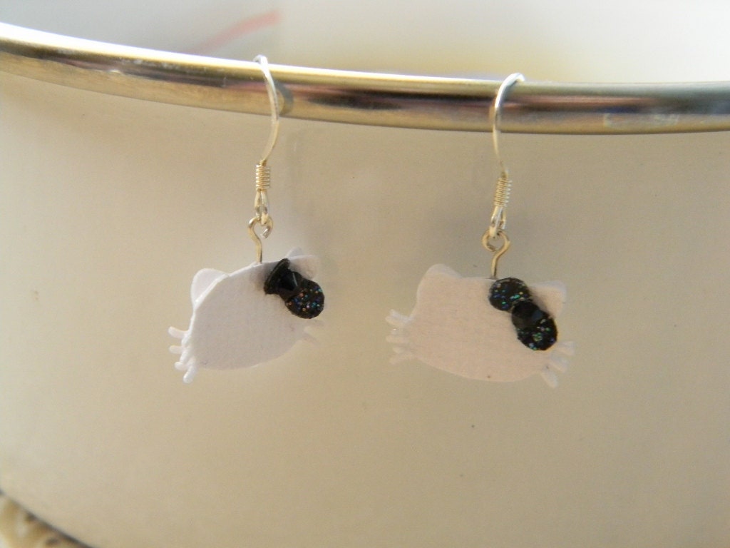 Hello Kitty Earrings - Dangle Paper Earrings with Black Bow & Crystals