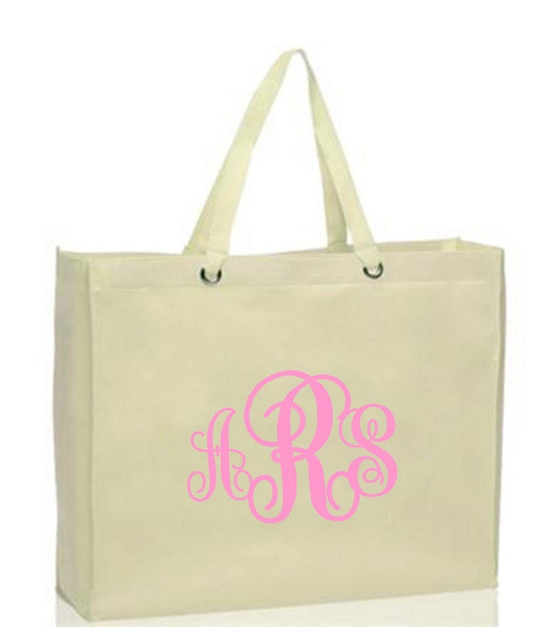 Monogram Tote - Interlocking Monogram on Large Natural, Reusable, Eco-friendly Shopper Bag NEW - Many Colors (Light Pink shown)